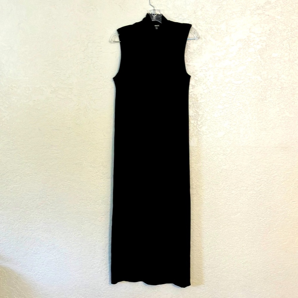 Vintage designer long black sleeveless mock turtleneck slinky sheath dress